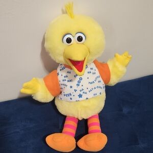 Vintage 1996 Yellow Plush Bird Toy with Orange Accents and Pink Striped Legs